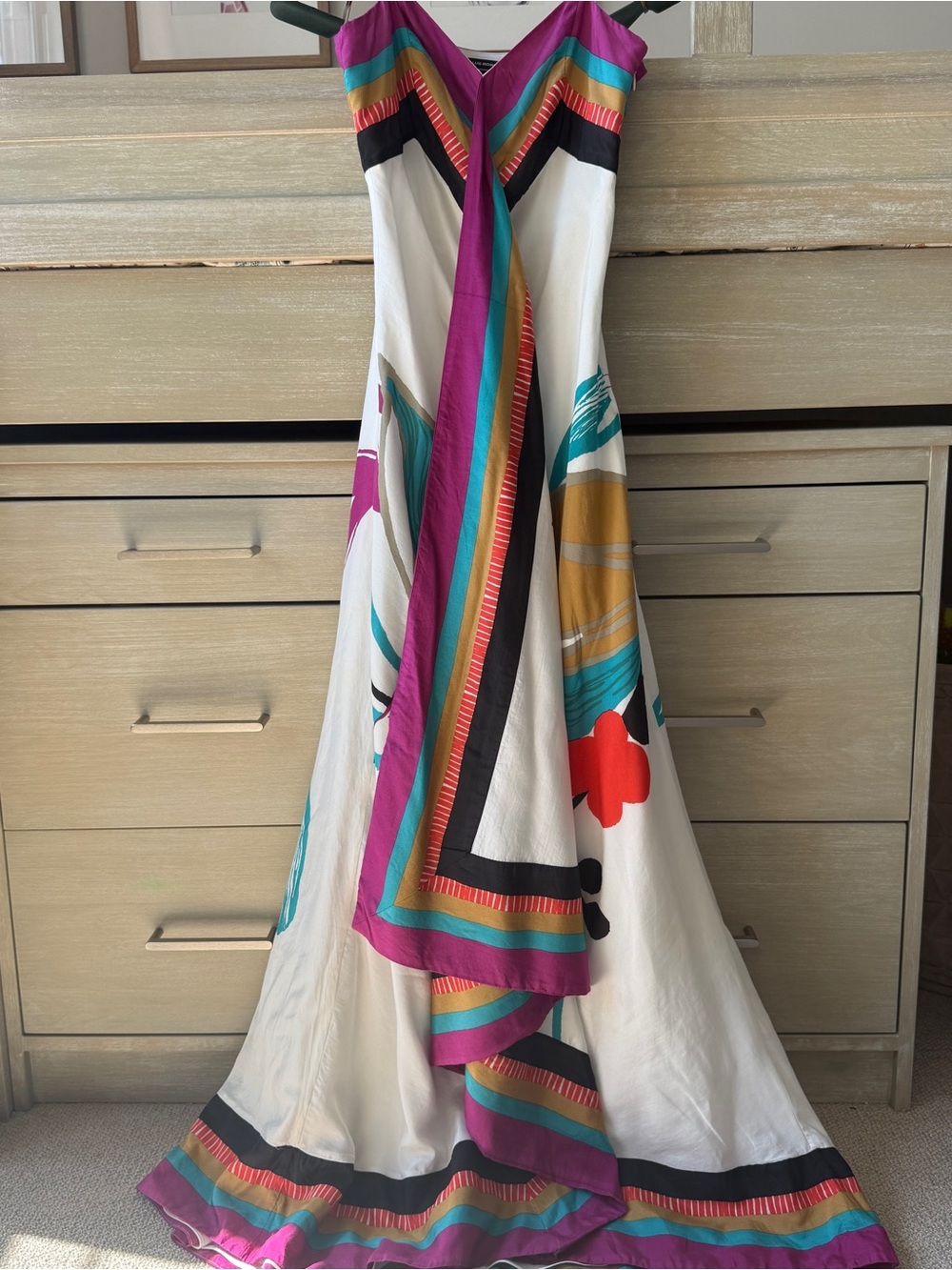 Club Monaco White Maxi Dress with Magenta, Teal, Mustard and Black Trim